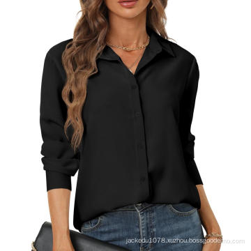 Women's Button Down Shirts Soft Polyester Chiffon Long Sleeve Shirt Fold Pleated Back Solid Workwear XS-XXL